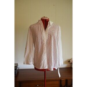 Alfred Dunner 14 Top White Button Up Blouse Sheer Eyelets Embroidery NWT